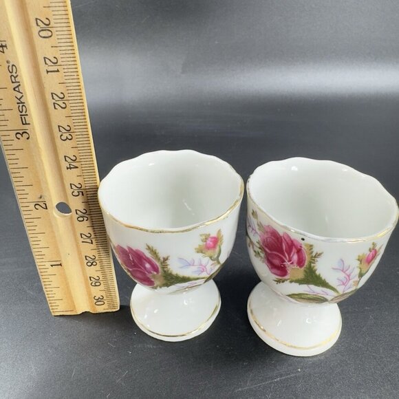Vintage Fine Porcelain Egg Cup Holder Set 2 Gold Trim Floral Pattern Made Japan - Picture 3 of 10
